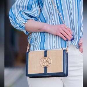 Caroline Hill Natural Navy Cecilia Circle Logo Handbag